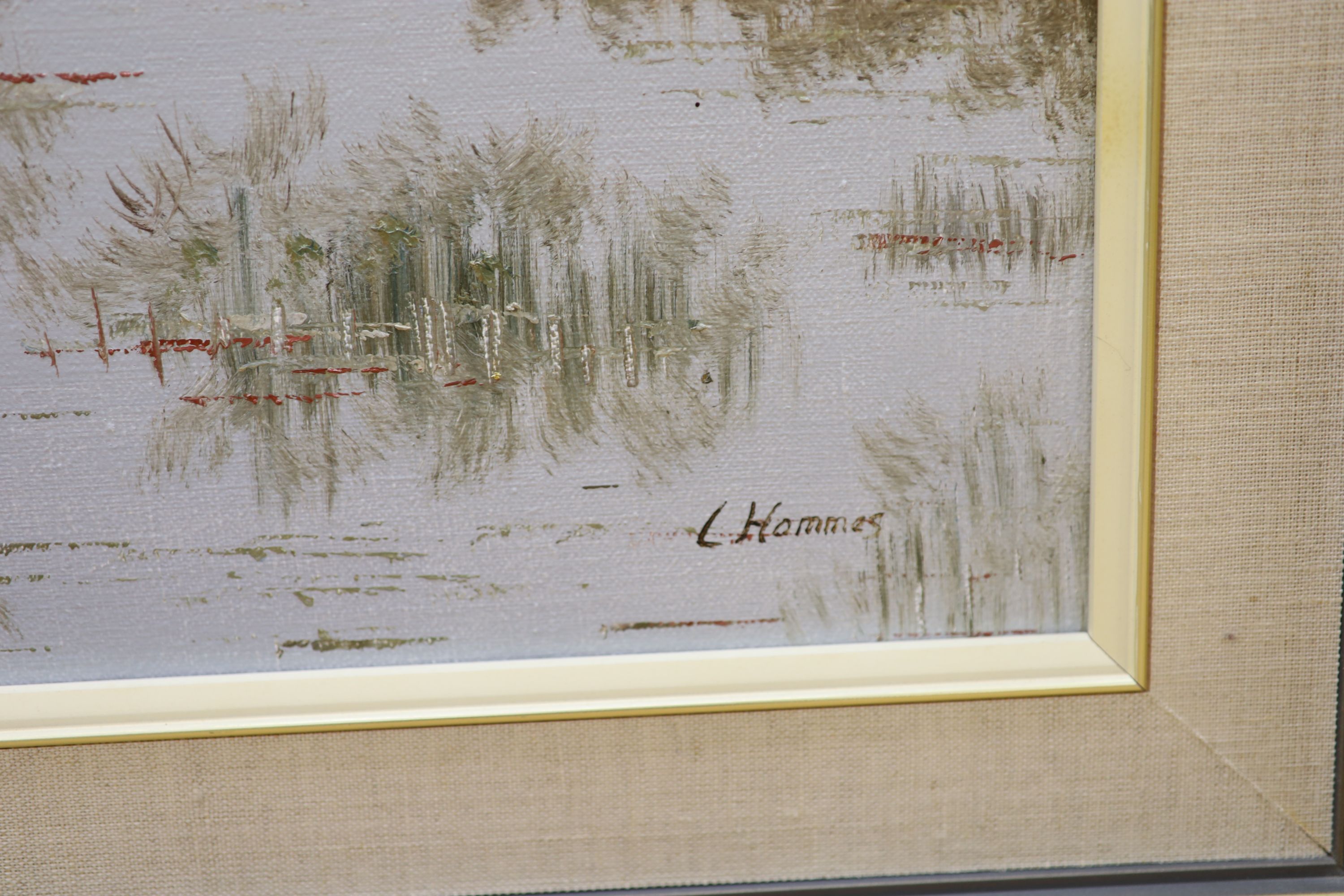 C* Hommes (20th century), oil on canvas, lake scene with ducks, 60 x 90cm